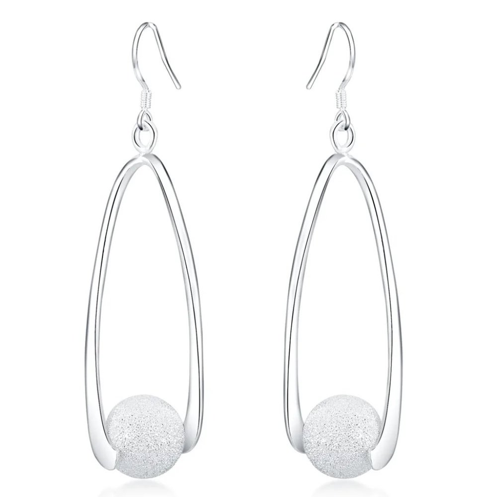 Beautiful Frosted Bead Hanging Earrings .925 Sterling Silver - Picture 5 of 6